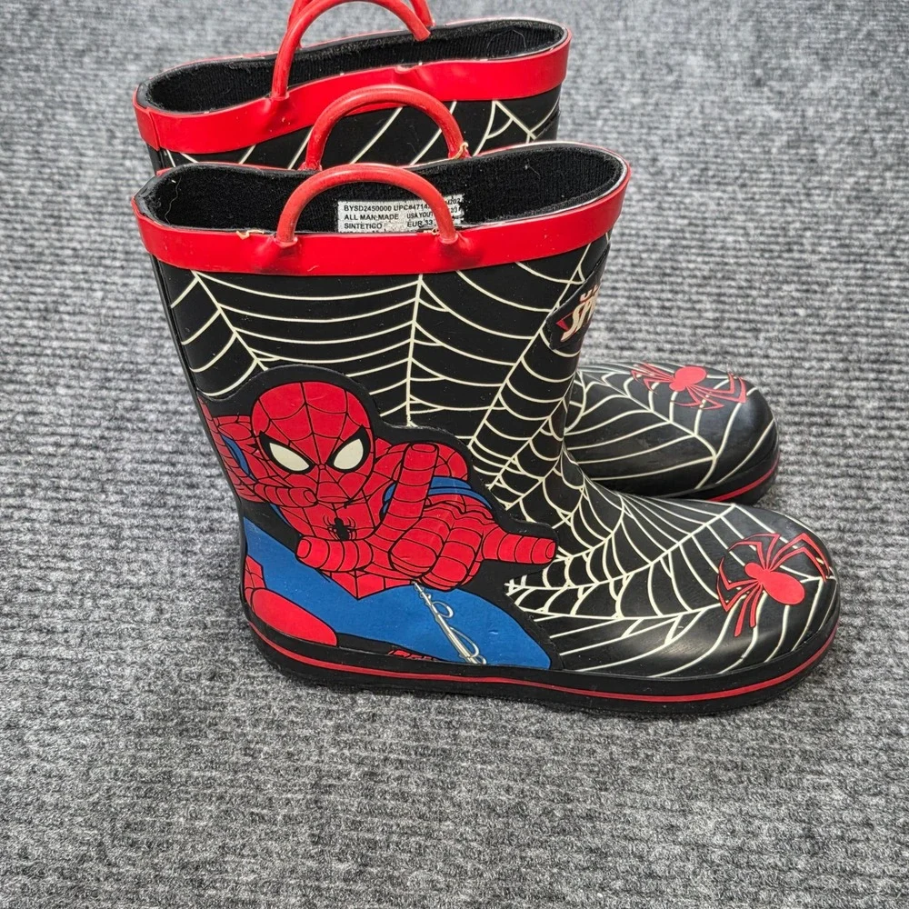 Marvel Spider-Man Rain Boots Kids Size 2/3 Black Red Web Graphic Pull-On Handles